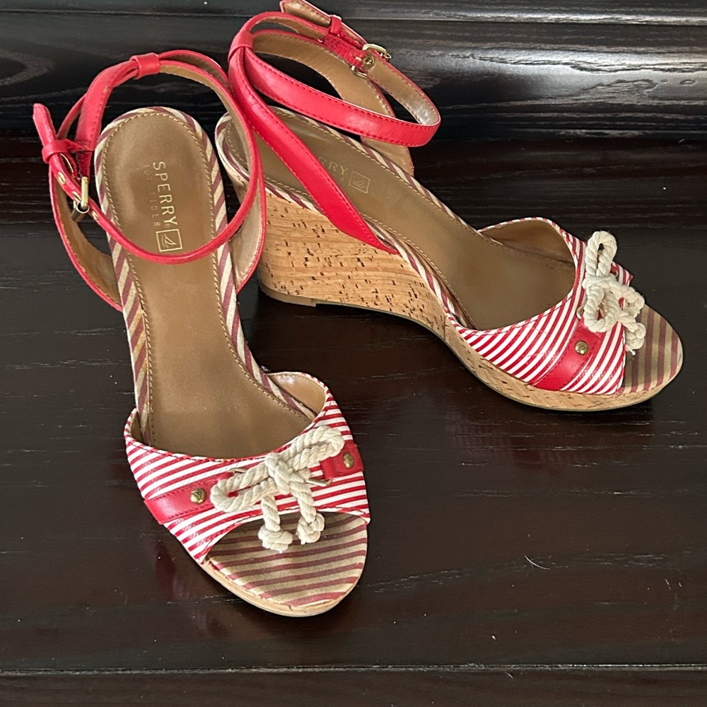 Sperry Red and White Striped Wedge Portsea Sandals